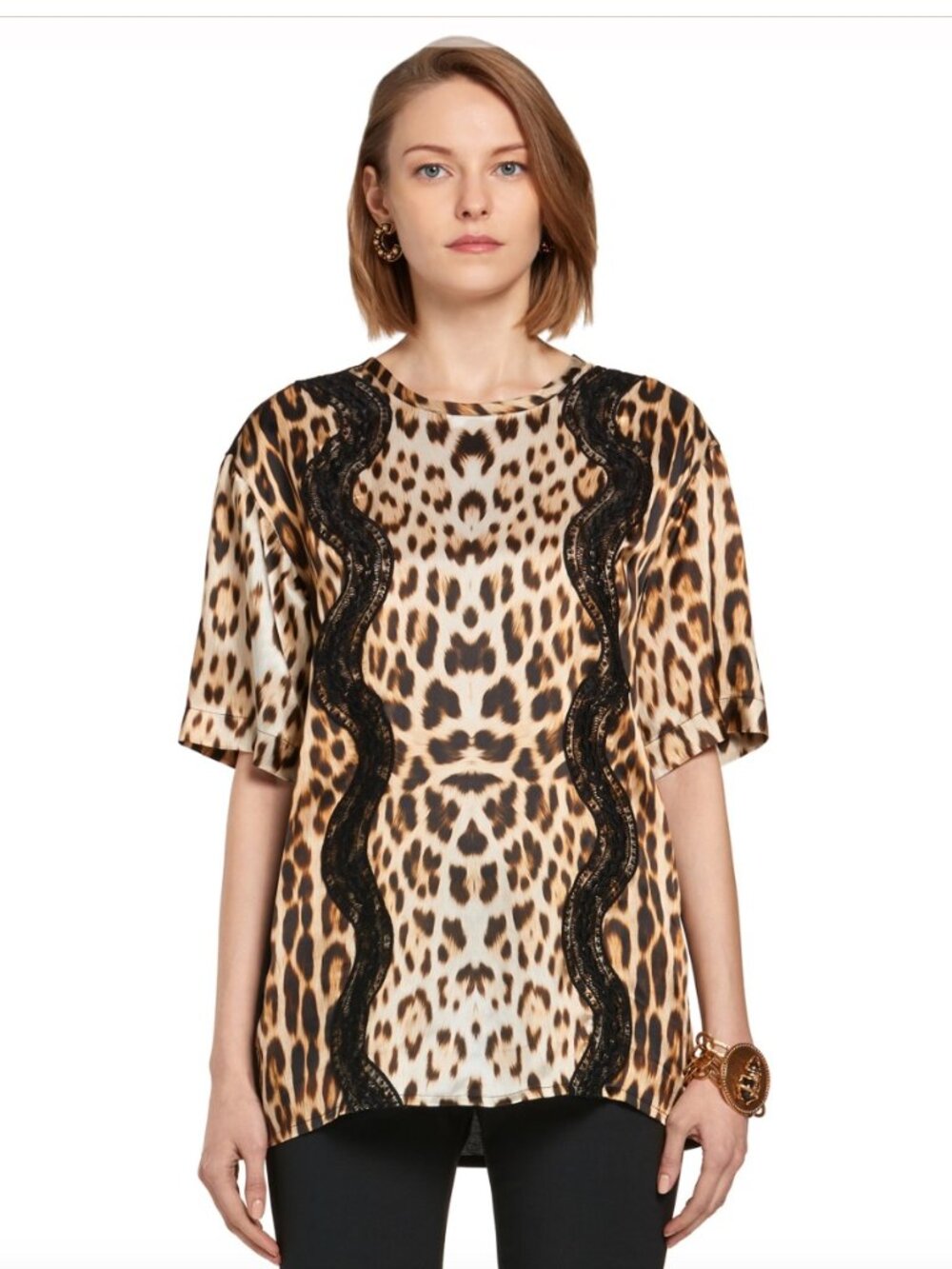 ROBERTO CAVALLI Leopard-printed Silk Boxy T-shirt Size EU44